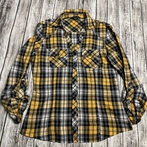 Ladies Small Paper Tee Button Down Plaid Top Yellow/Black Excellent Condition